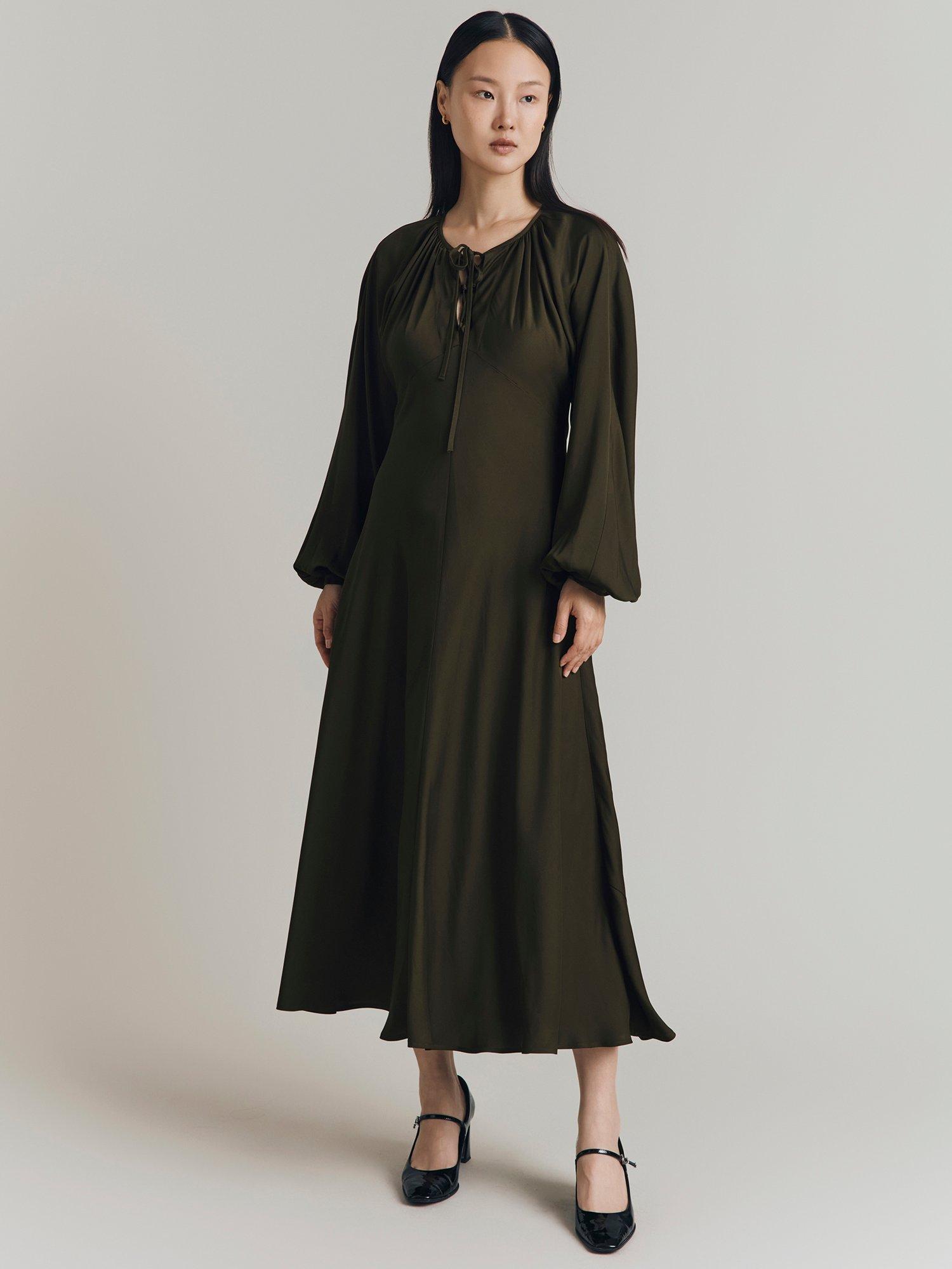 Product image 2 of 4, which shows Ghost Zuri Crepe Midi Dress, Dark Green, XS