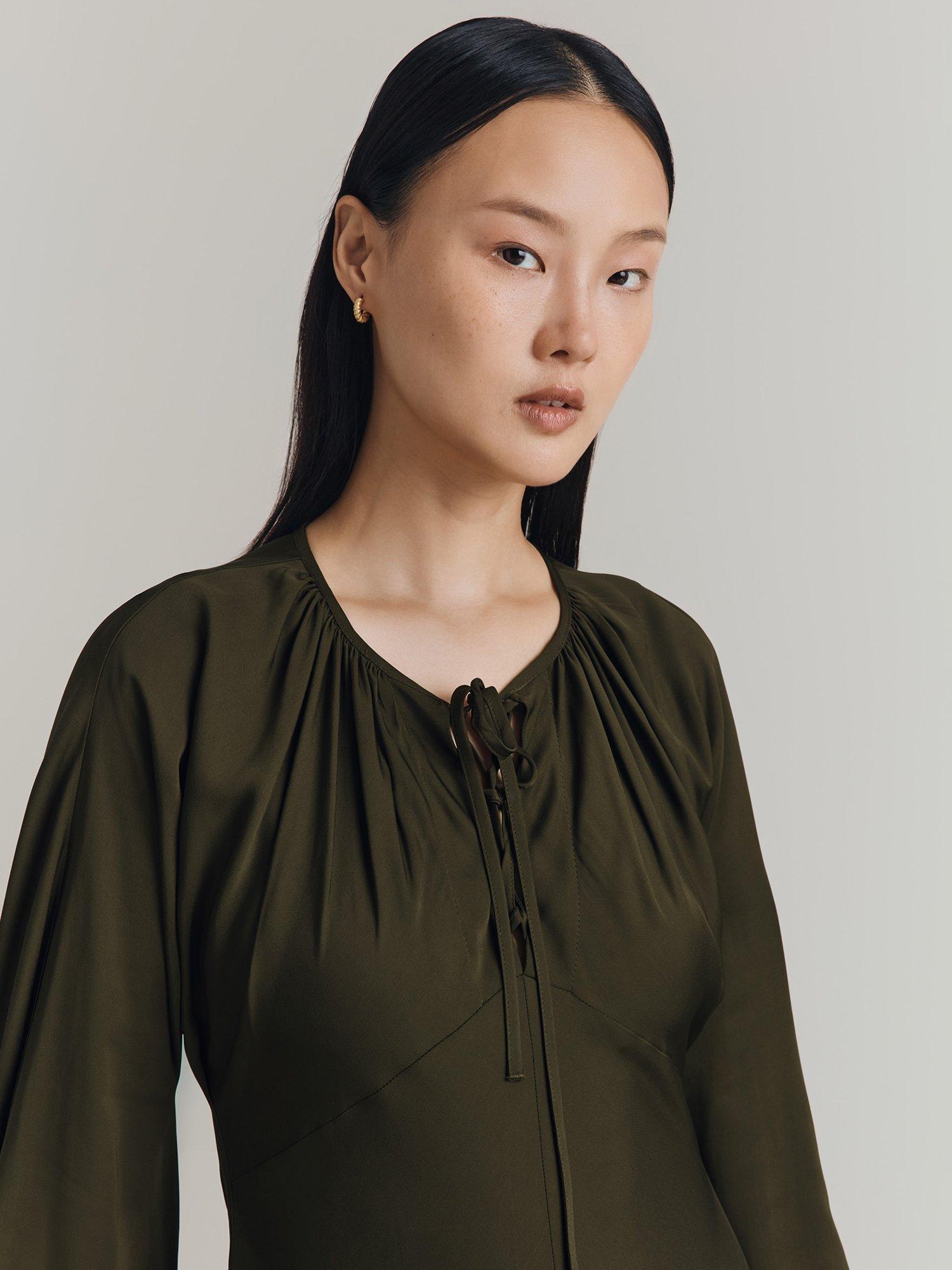 Product image 3 of 4, which shows Ghost Zuri Crepe Midi Dress, Dark Green, XS