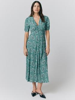 Ghost Flo Paisley Button Through Crepe Midi Tea Dress, Green/Multi, Green/Multi