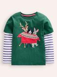 Mini Boden Kids' Applique Mock Sleeve Festive T-Shirt, Jewel Green