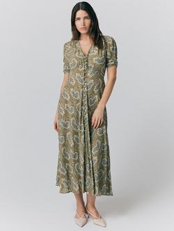 Ghost Flo Paisley Button Through Crepe Midi Tea Dress, Olive/Multi, Olive/Multi