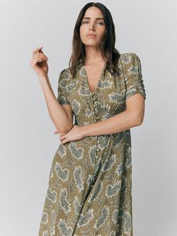 Ghost Flo Paisley Button Through Crepe Midi Tea Dress, Olive/Multi - view 2, Olive/Multi