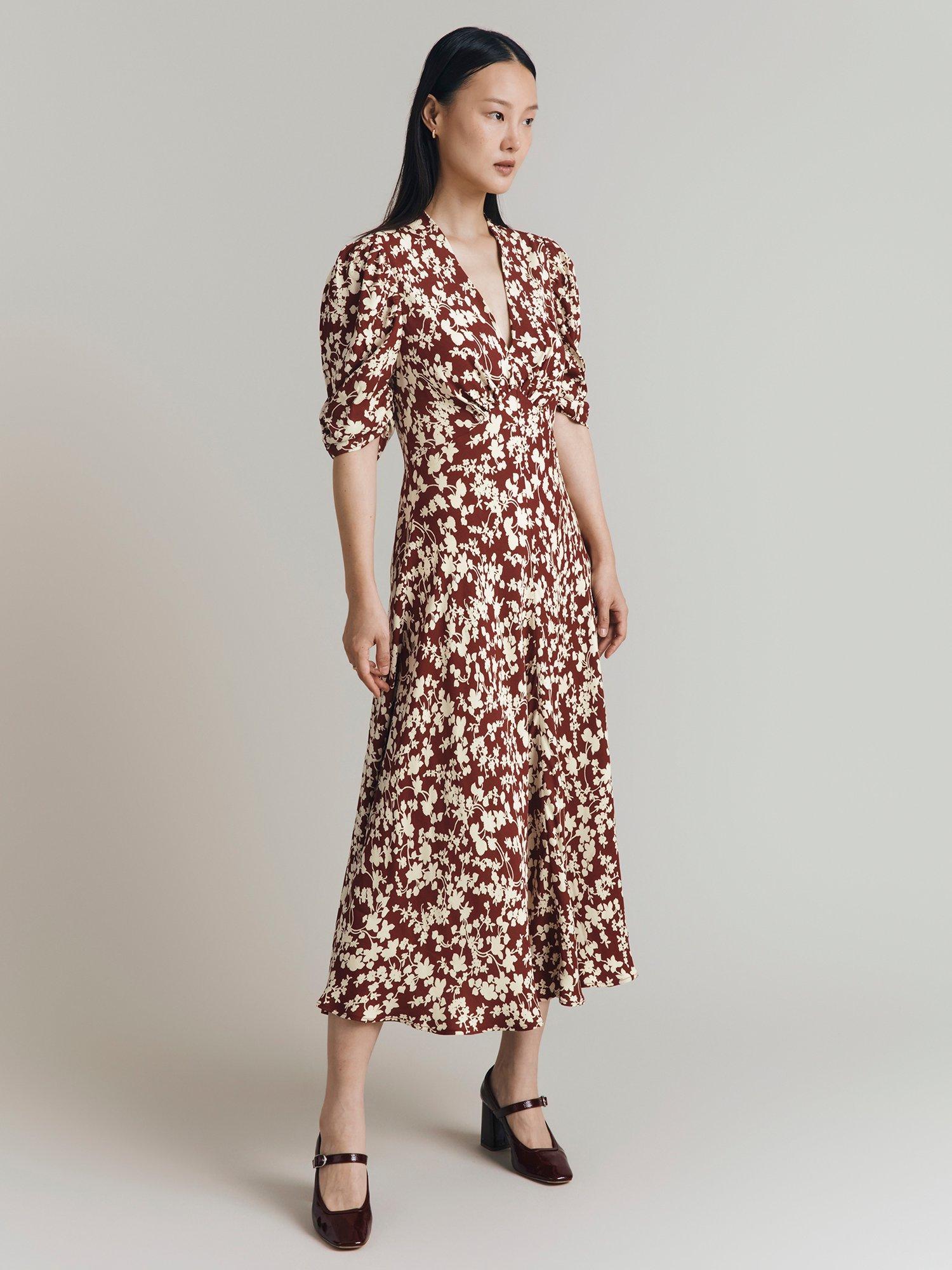 Product image 2 of 4, which shows Ghost Madi Floral Midi Dress, Burgundy/White, XS