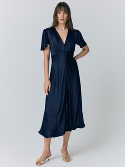 Ghost Grace Bias Cut Satin Midi Dress, Navy