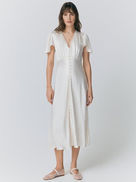 Ghost Grace Bias Cut Satin Midi Dress, Ivory
