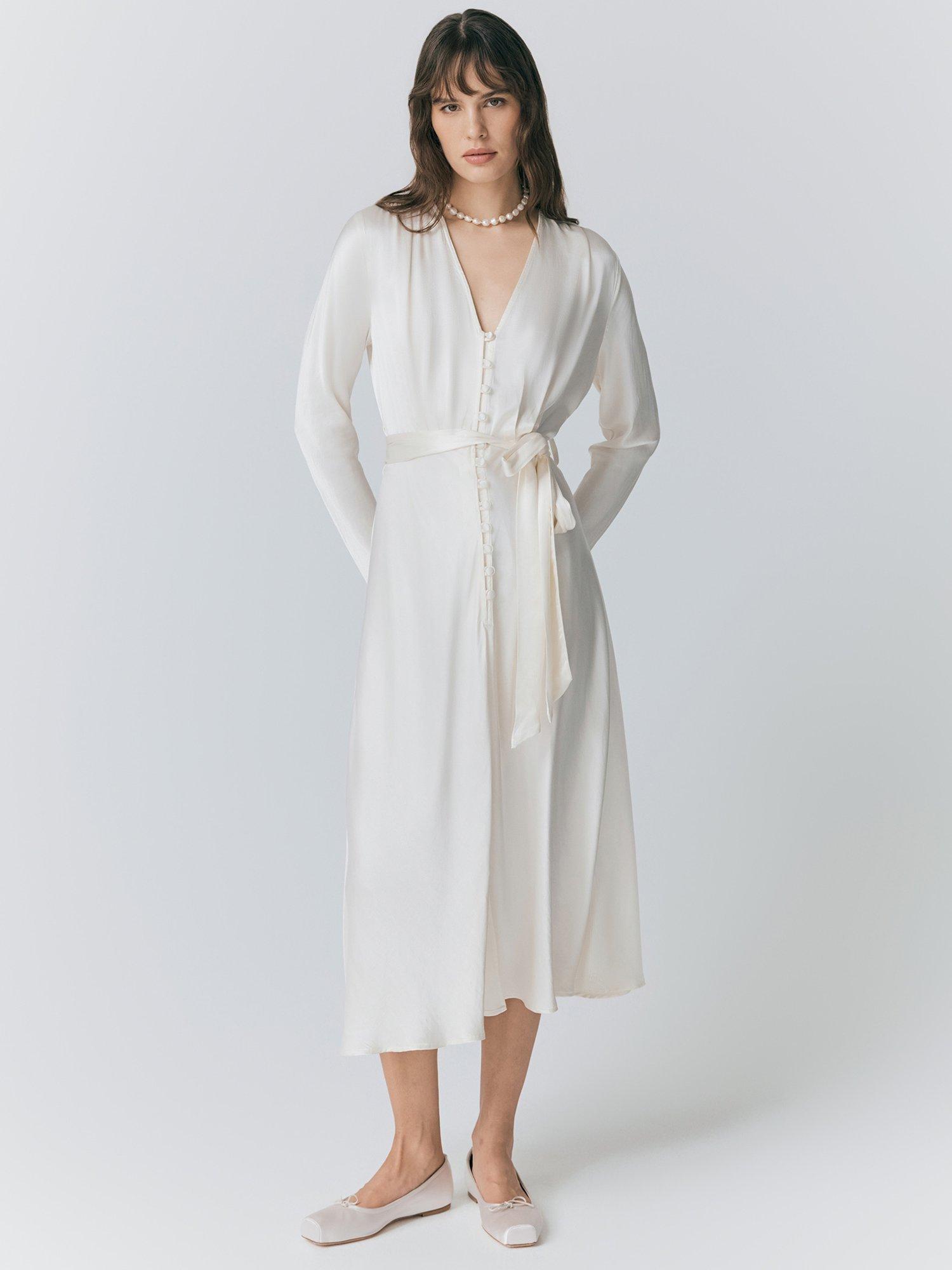 Product image 1 of 5, which shows Ghost Meryl Satin Tie Waist Dress, Ivory, M
