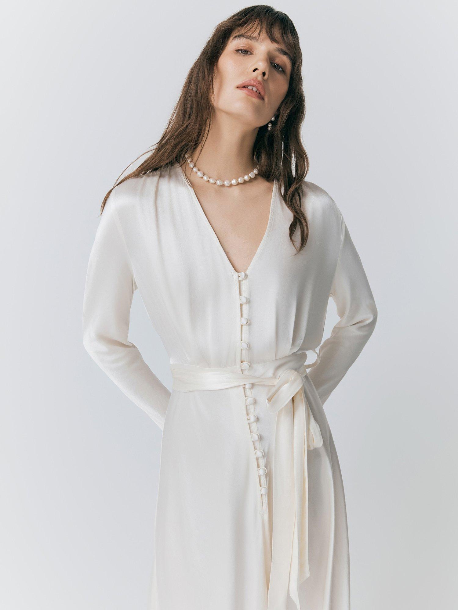 Product image 2 of 5, which shows Ghost Meryl Satin Tie Waist Dress, Ivory, M