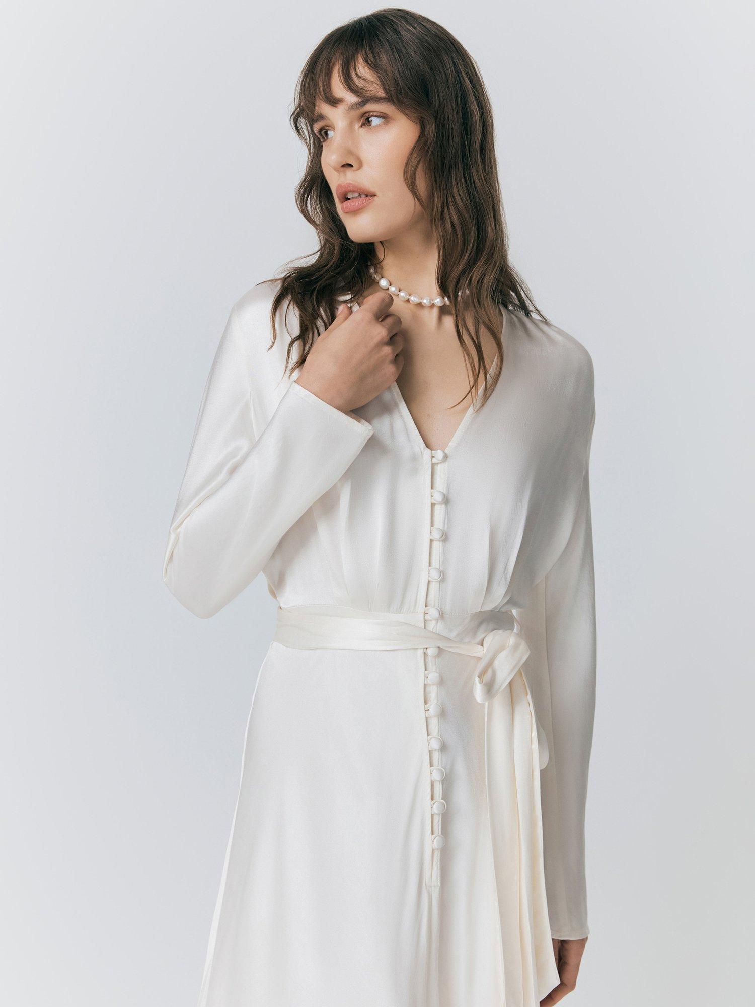 Product image 3 of 5, which shows Ghost Meryl Satin Tie Waist Dress, Ivory, M