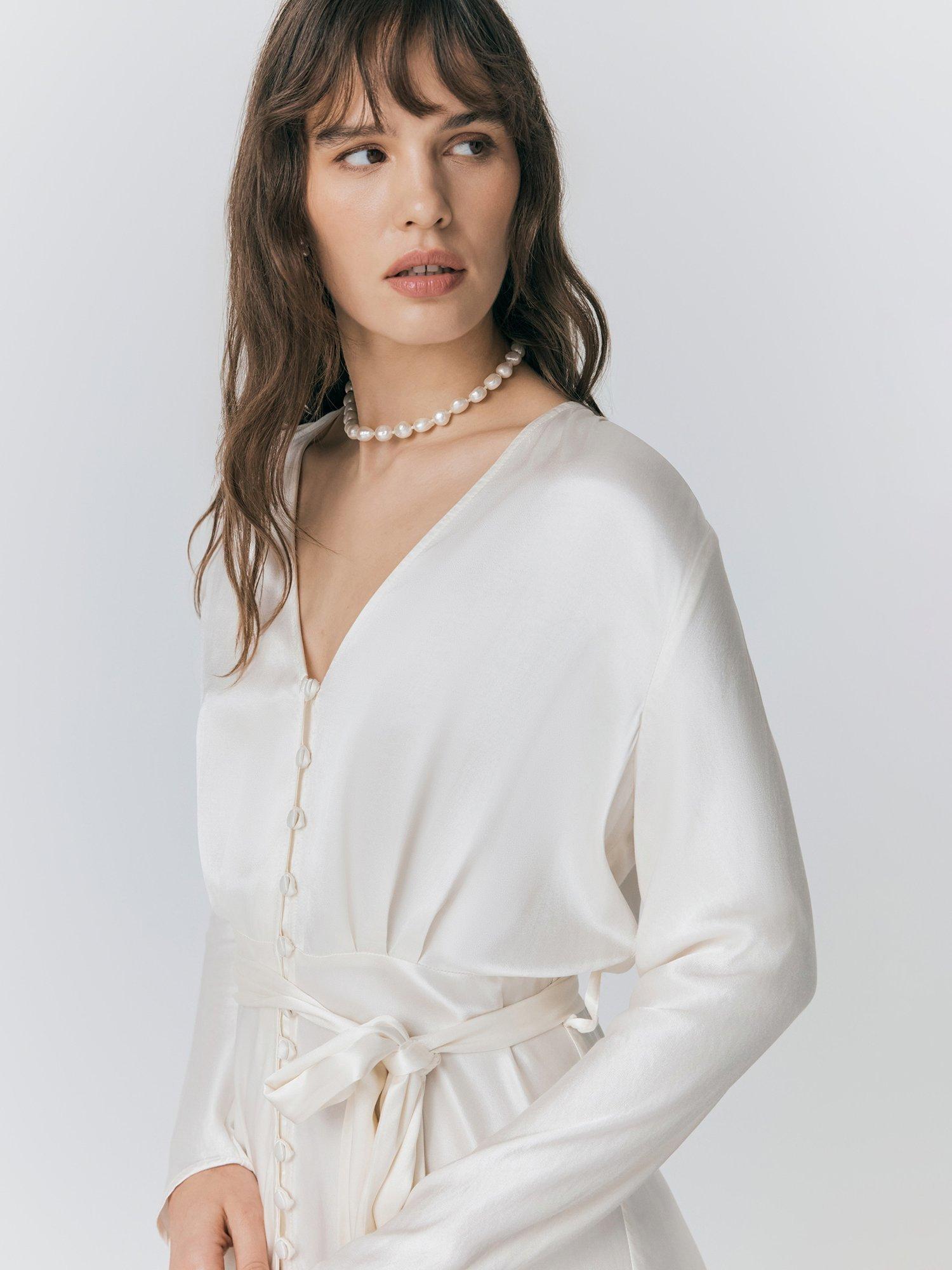 Product image 4 of 5, which shows Ghost Meryl Satin Tie Waist Dress, Ivory, M