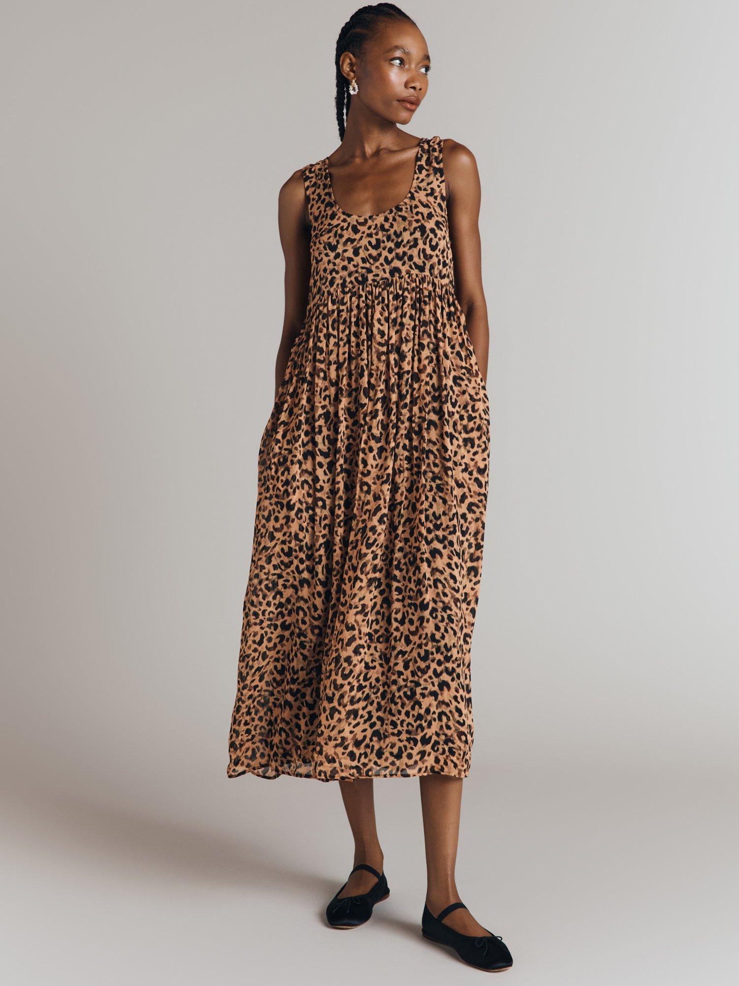 Product image 1 of 4, which shows Ghost Maya Animal Print Sleeveless Dress, Brown/Multi, XS