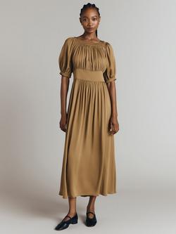 Ghost Anouk Shirred Midi Dress, Ochre, Ochre
