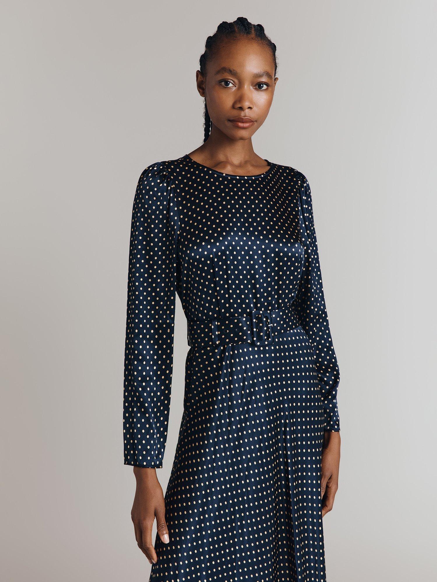 Ghost Sophia Polka Dot Satin Dress Navy