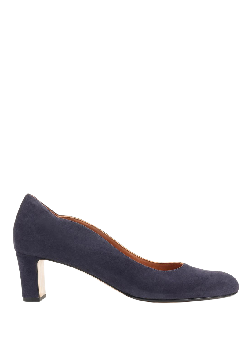 Product image 1 of 6, which shows Jones Bootmaker Zoey Suede Scallop Heeled Courts, Navy, 3