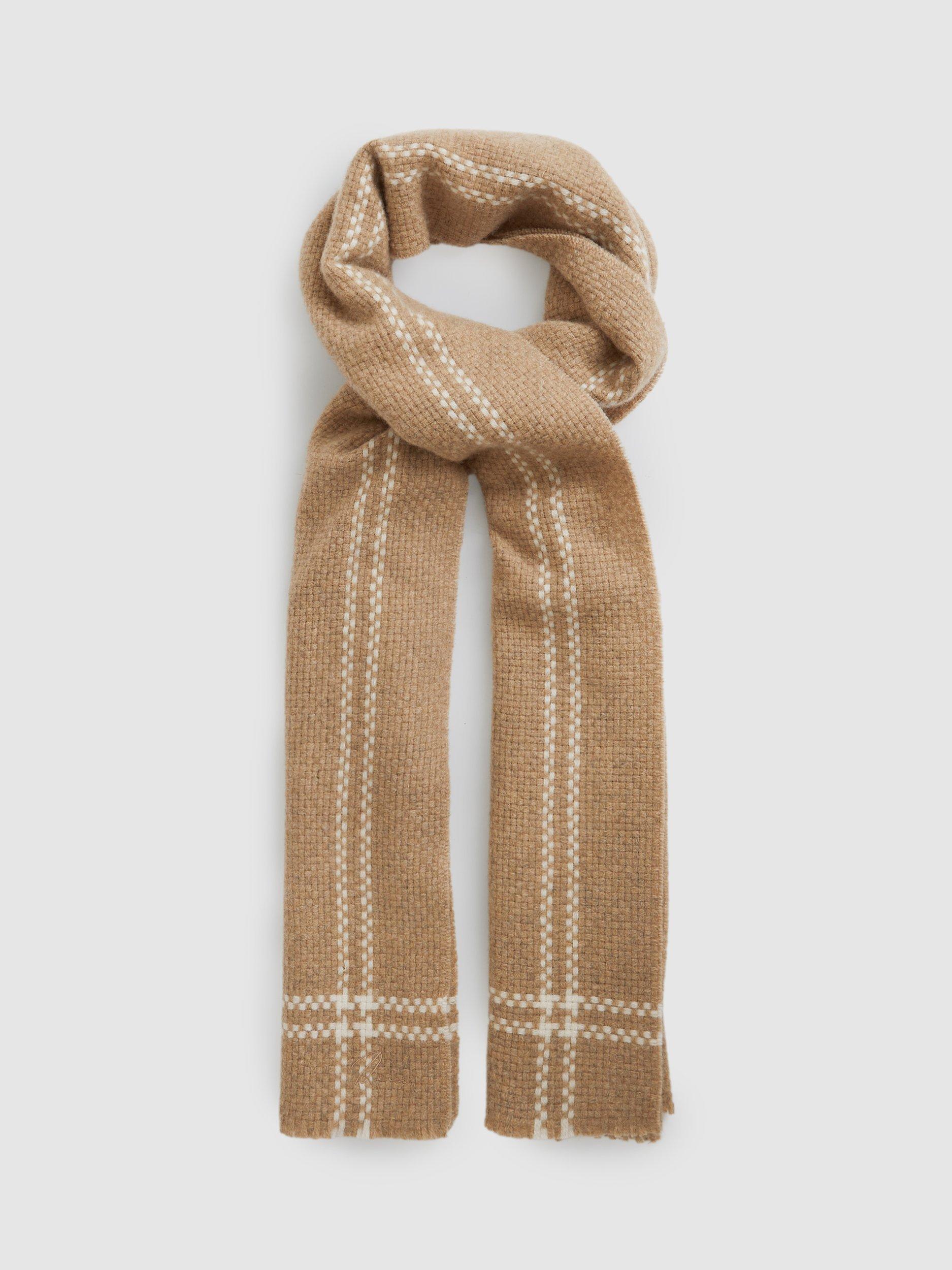 Reiss Liana Wool Cashmere Blend Chequered Scarf, Camel, One Size