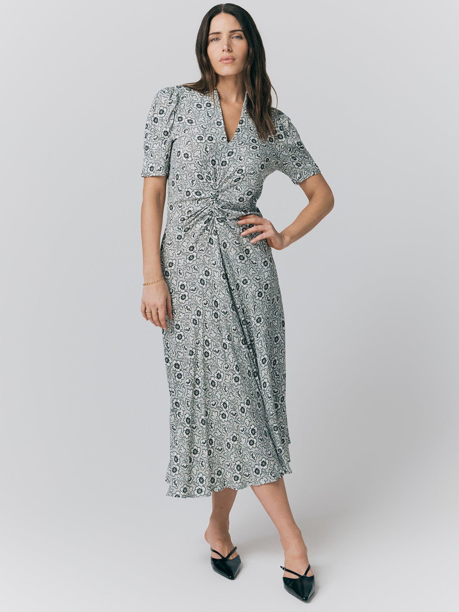 Product image 1 of 4, which shows Ghost Capri Floral Puff Sleeve Satin Midi Dress, Multi, XS