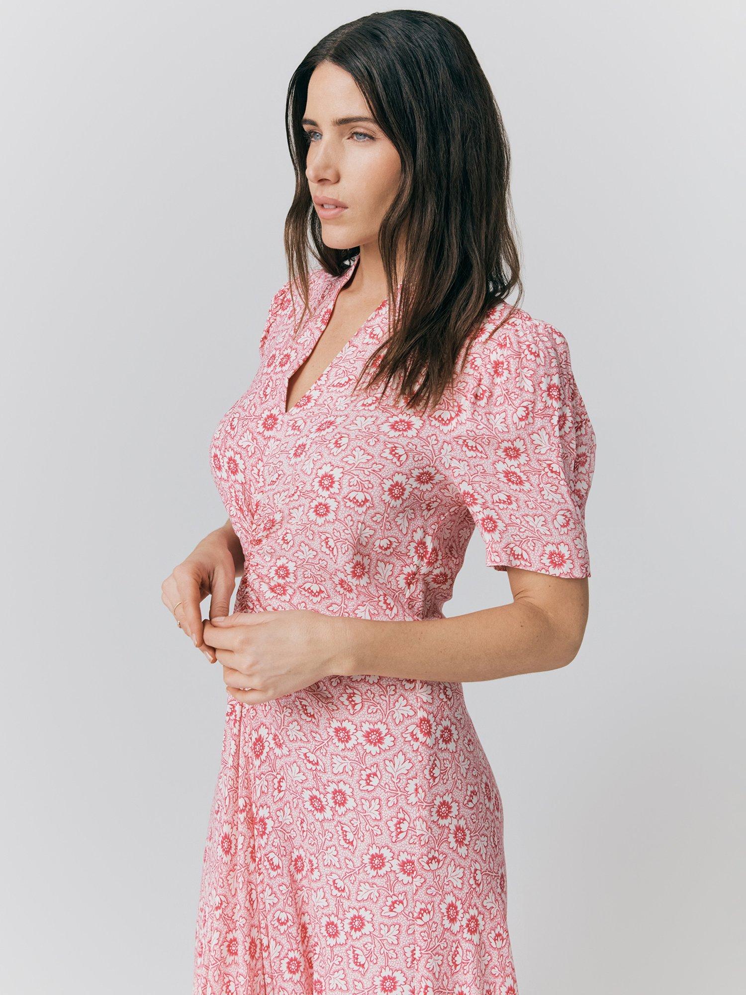 Product image 3 of 4, which shows Ghost Capri Floral Puff Sleeve Midi Dress, Pink Dotty Floral, S
