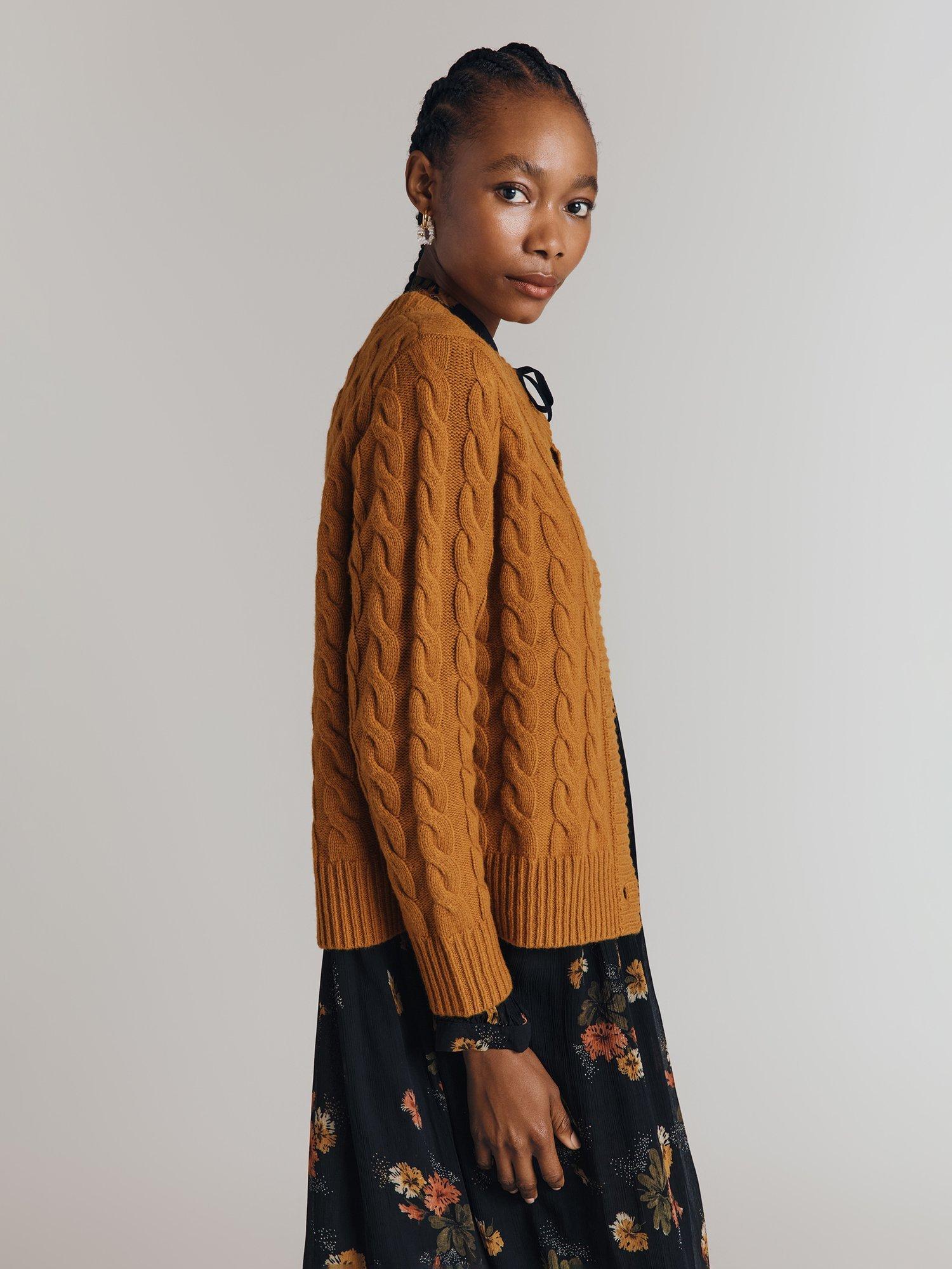 Product image 2 of 6, which shows Ghost Evie Cable Knit Wool Blend Cardigan, Light Brown, S