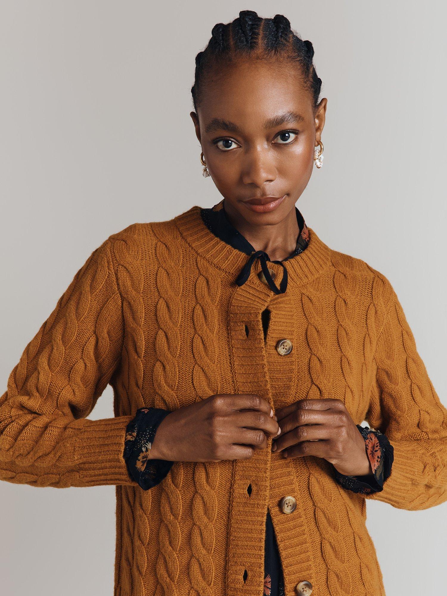 Product image 3 of 6, which shows Ghost Evie Cable Knit Wool Blend Cardigan, Light Brown, S