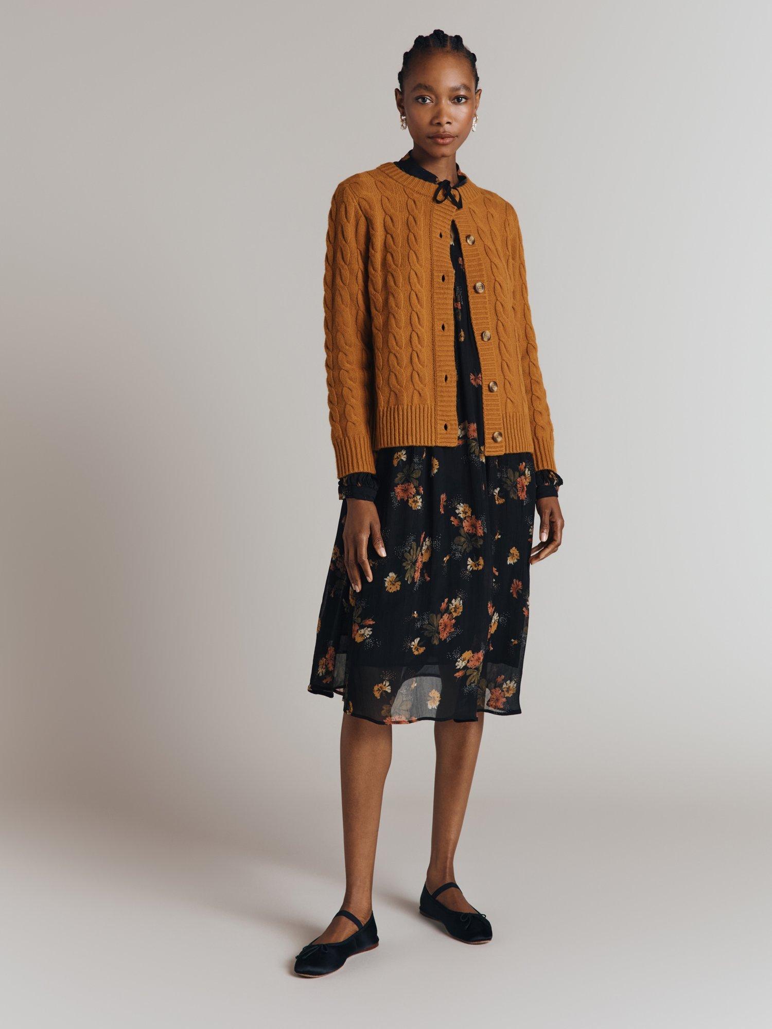 Product image 4 of 6, which shows Ghost Evie Cable Knit Wool Blend Cardigan, Light Brown, S