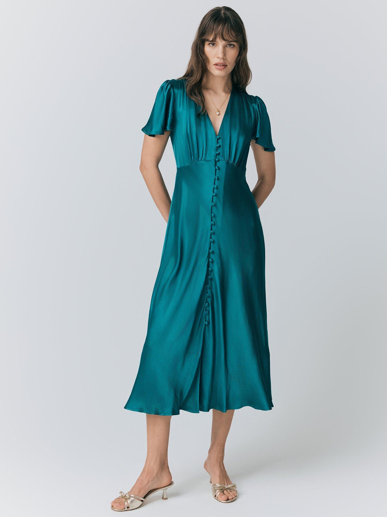 Product image 1 of 4, which shows Ghost Grace Bias Cut Satin Midi Dress, Emerald Sea, XS