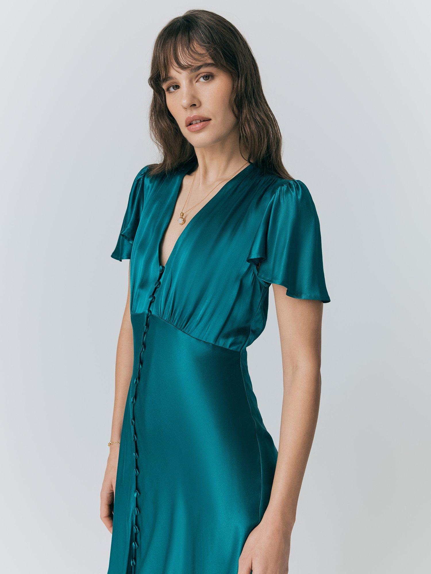 Product image 2 of 4, which shows Ghost Grace Bias Cut Satin Midi Dress, Emerald Sea, XS
