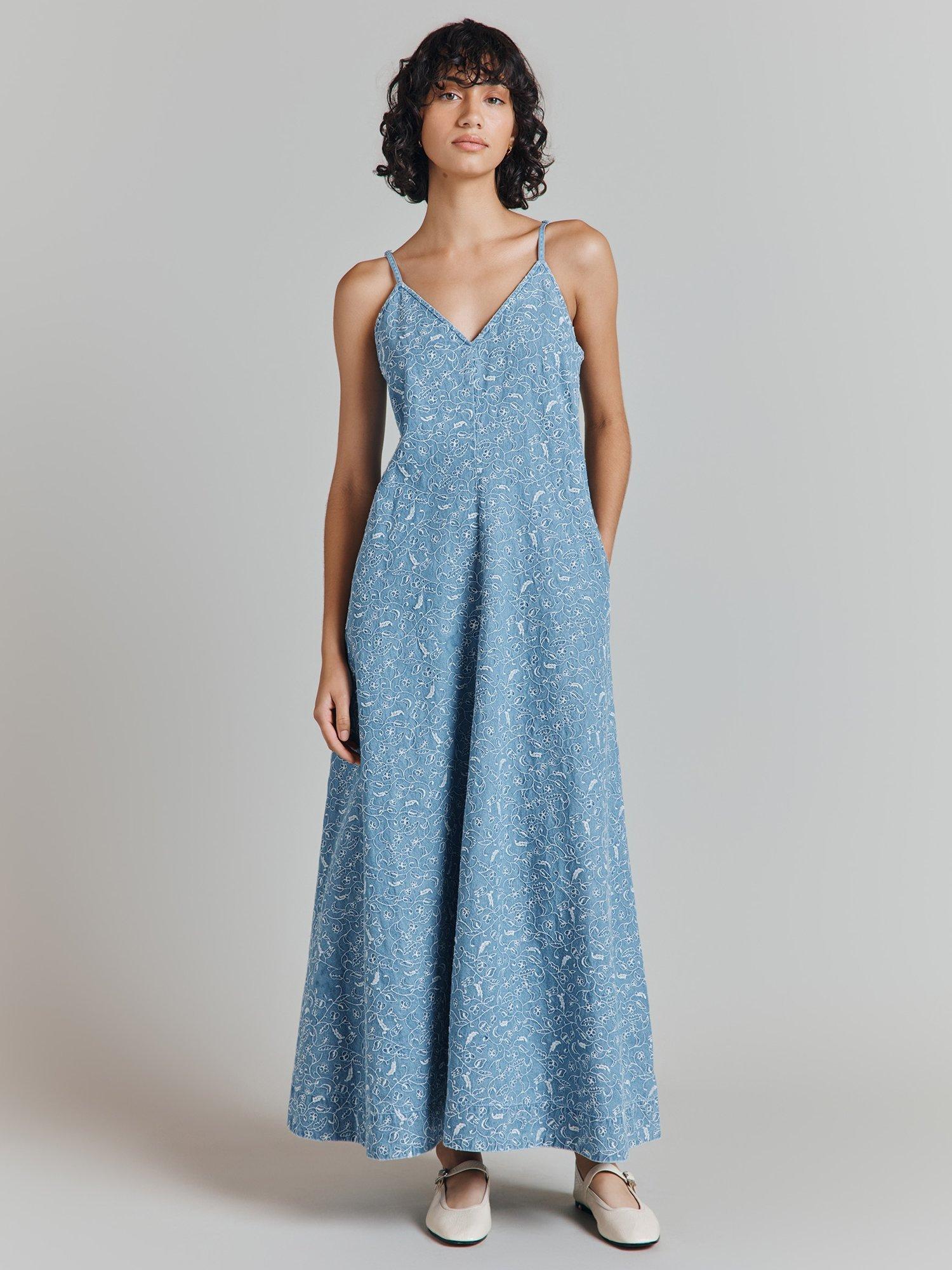 Product image 1 of 4, which shows Ghost Ophelia Strappy Dress, Blue/White, XS