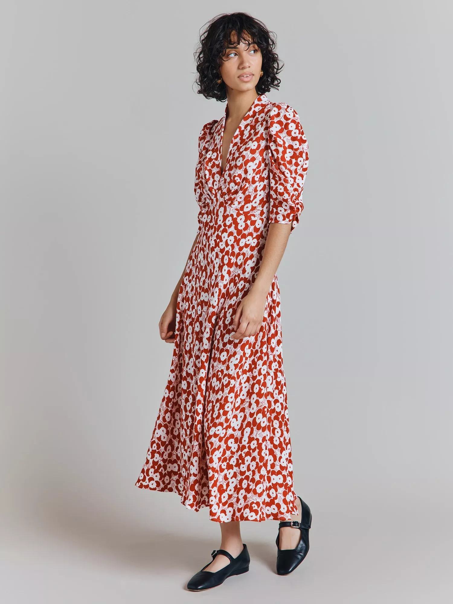 Ghost Madison Floral Print Midi Dress Red White