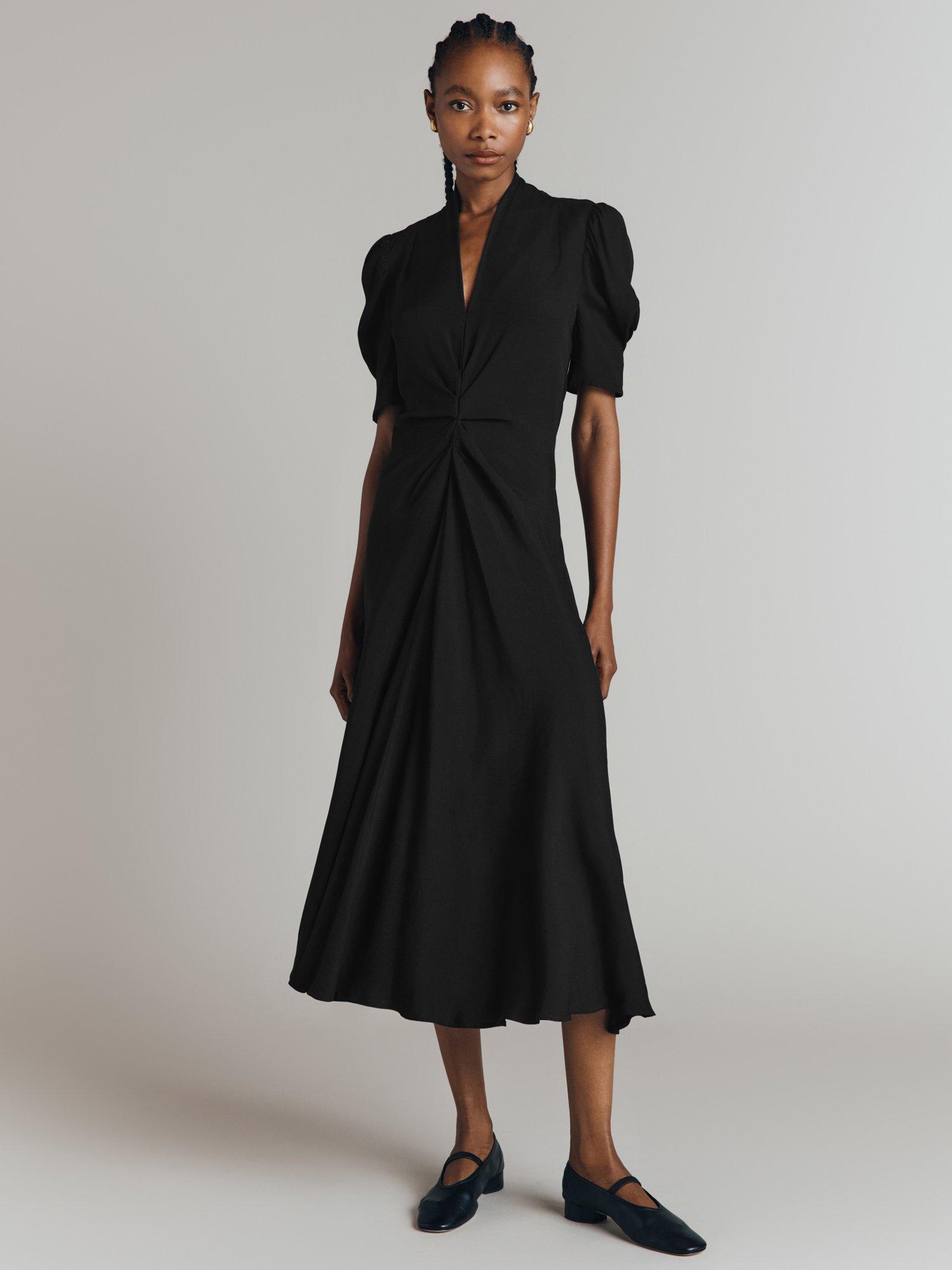 Product image 2 of 4, which shows Ghost Capri V-Neck Crepe Midi Dress, Black, XS
