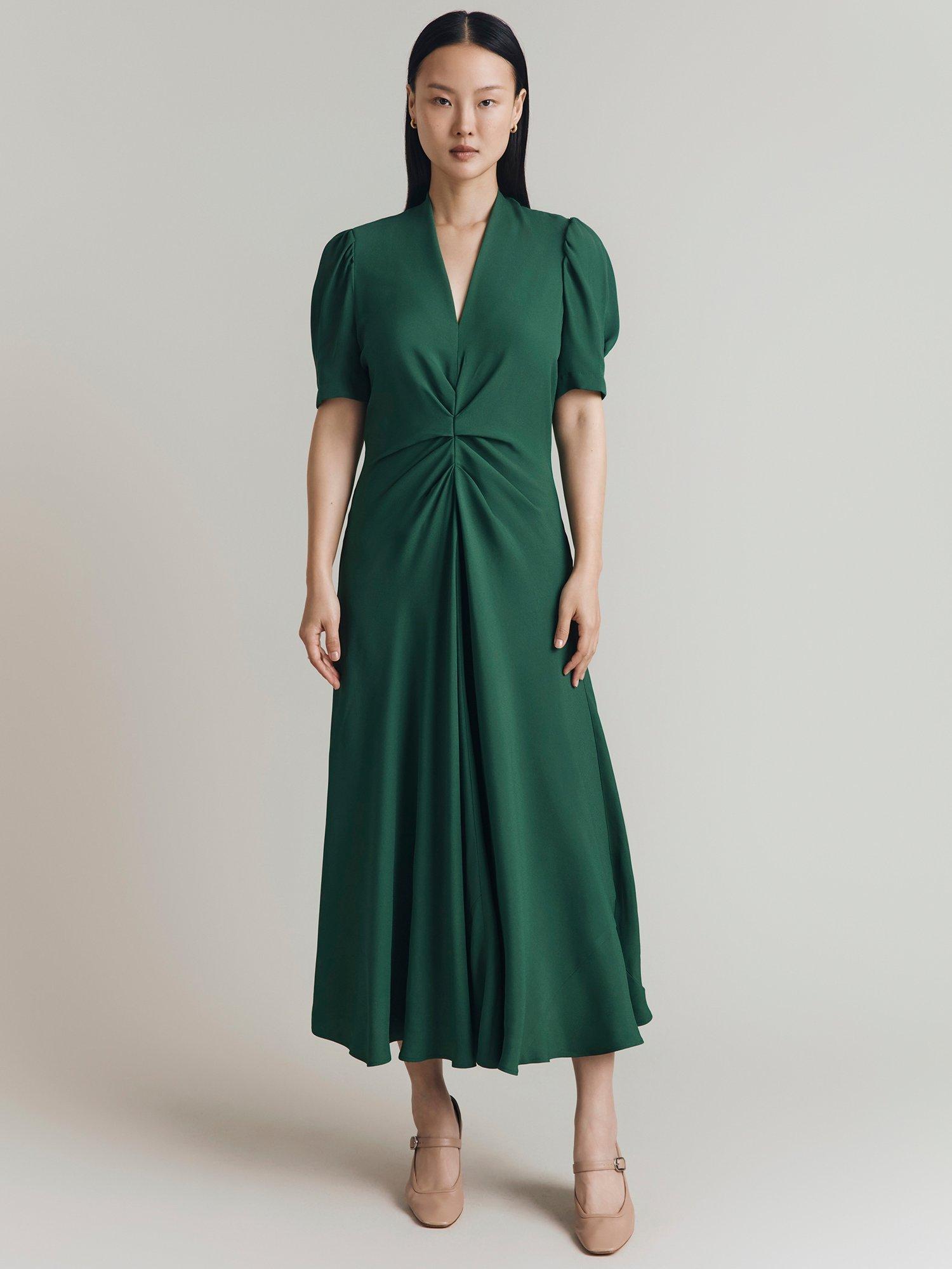 Product image 1 of 4, which shows Ghost Capri Puff Sleeve Midi Dress, Forest Green, XS