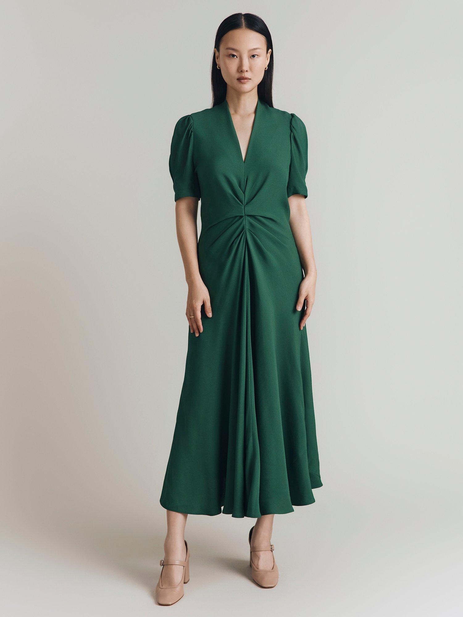 Product image 2 of 4, which shows Ghost Capri Puff Sleeve Midi Dress, Forest Green, XS
