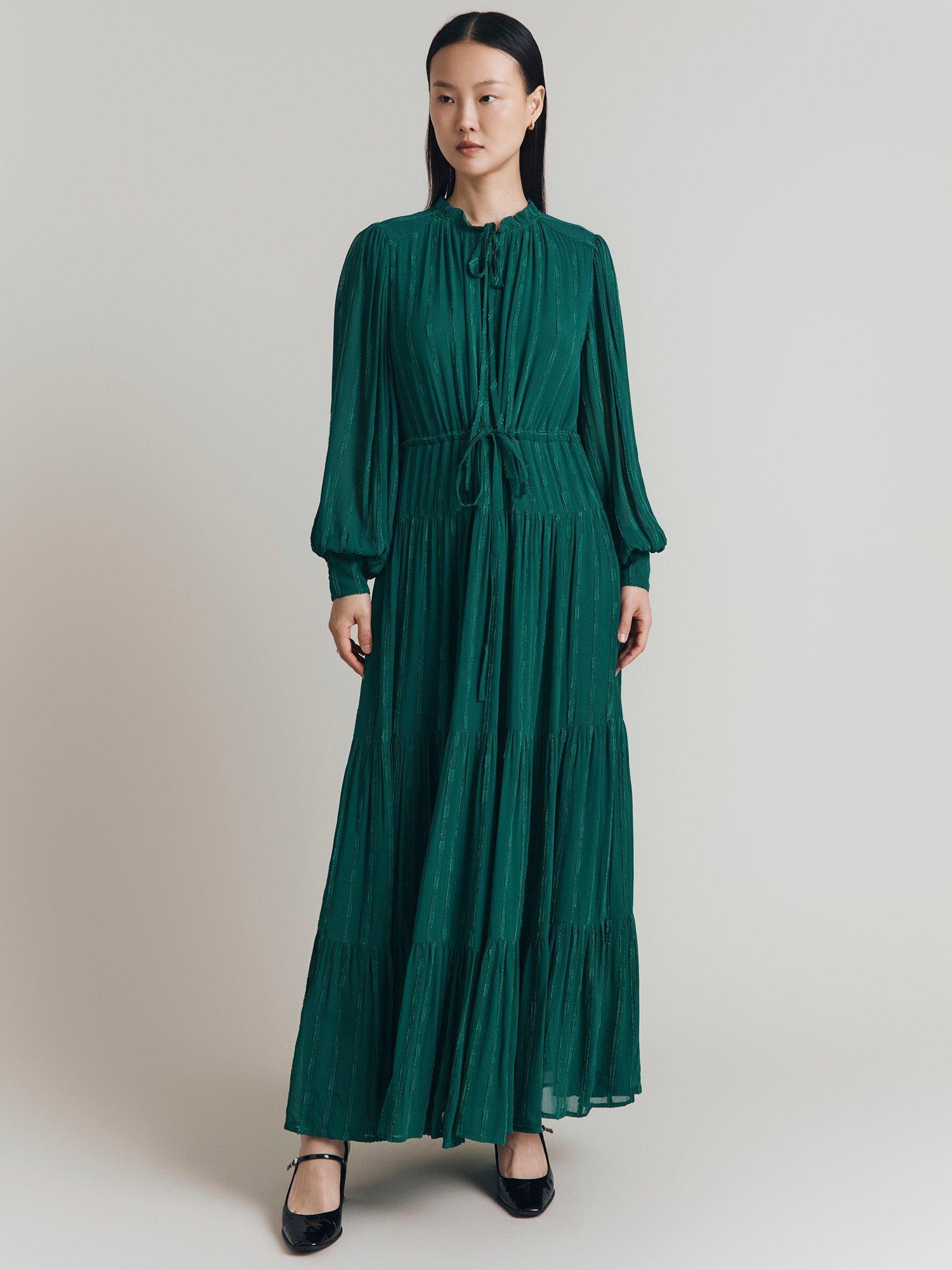 Product image 1 of 4, which shows Ghost Margot Tiered Dress, Dark Green, XS