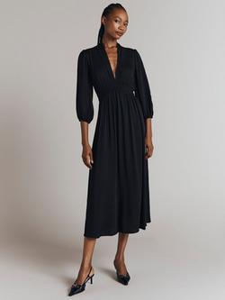 Ghost Petal V-Neck Crepe Midi Dress, Black, Black