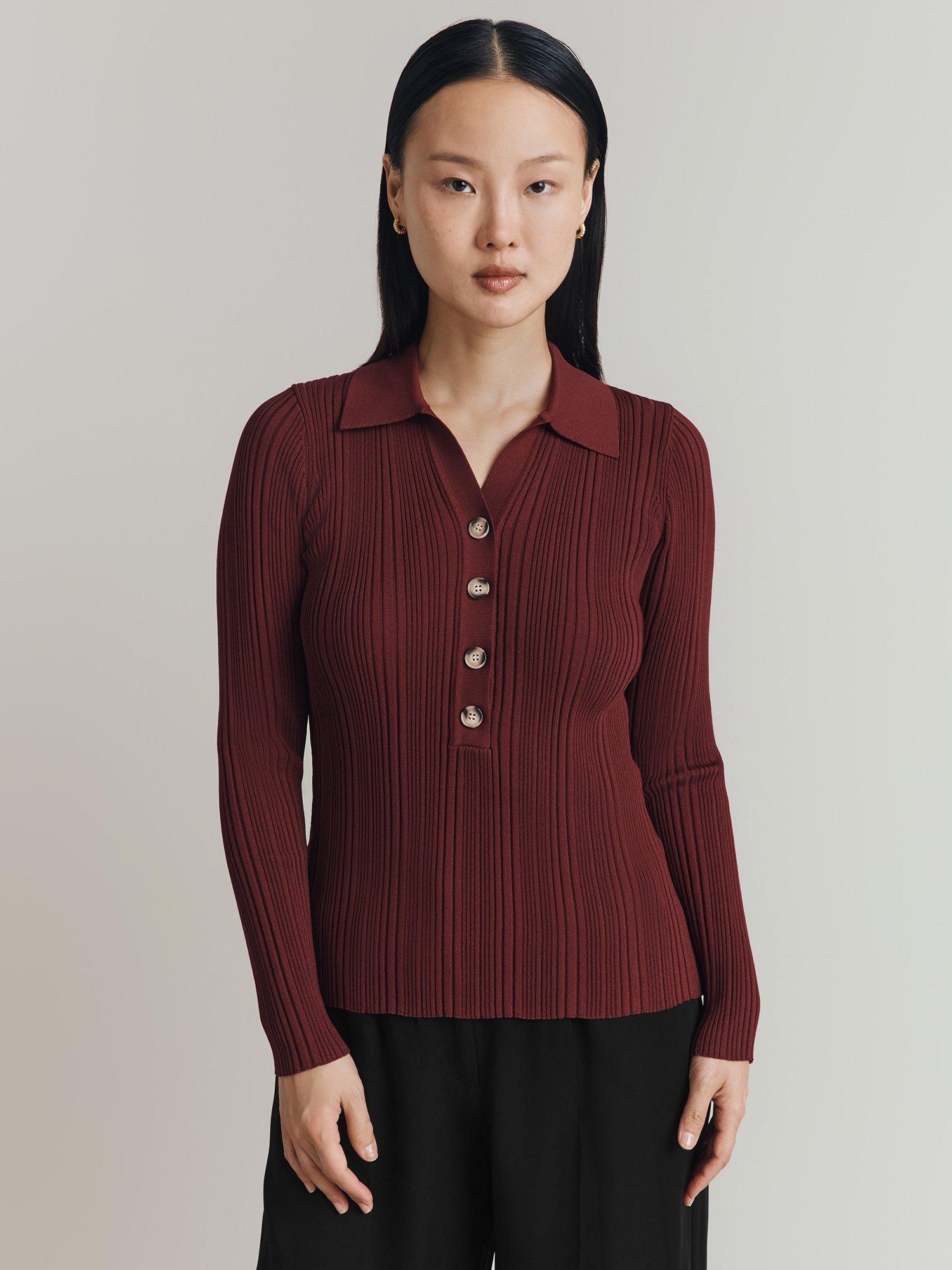 Product image 1 of 4, which shows Ghost Jean Henley Knit Top, Burgundy, XS