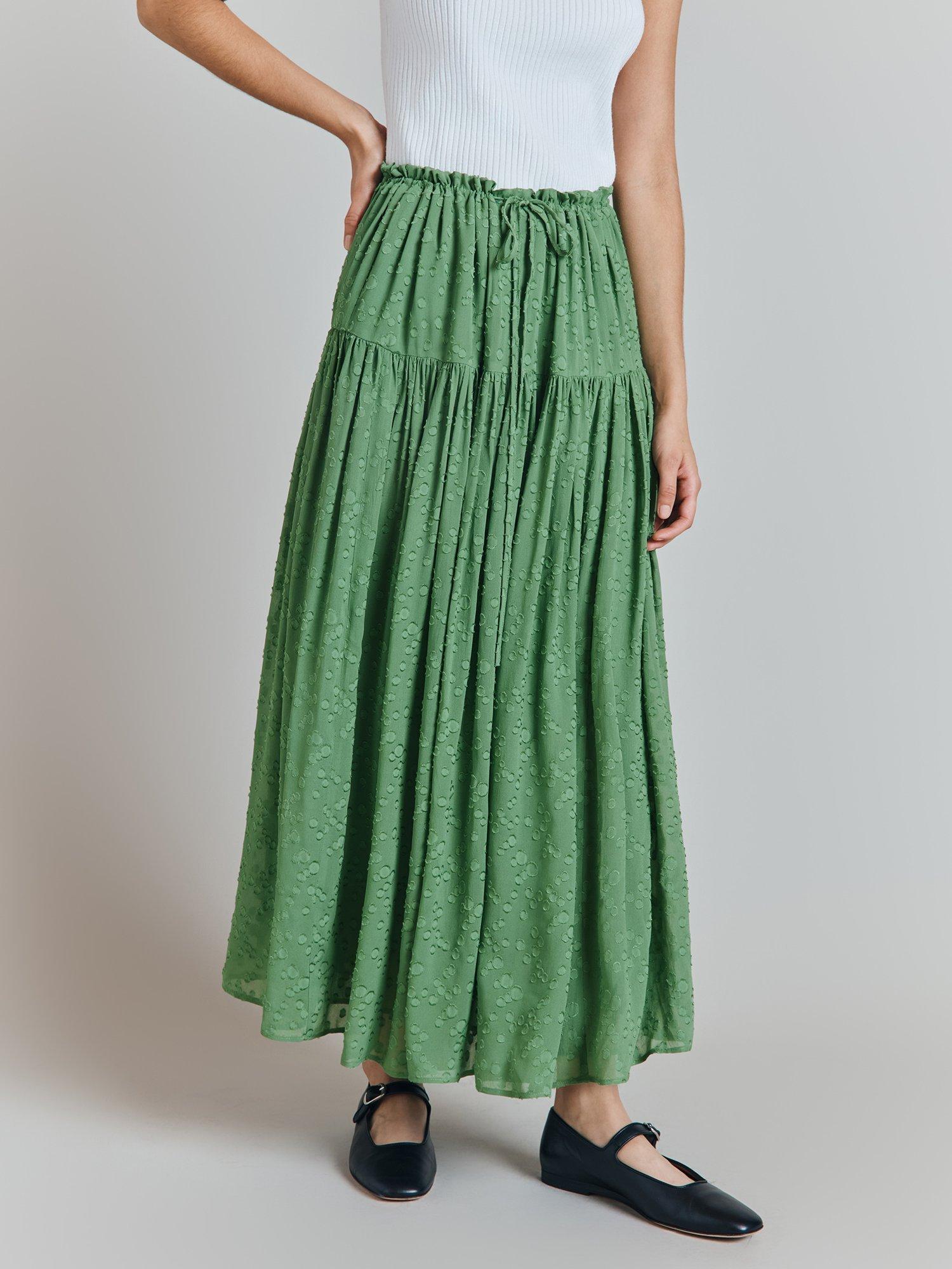 Product image 2 of 5, which shows Ghost Ruth Tiered Maxi Skirt, Green, L