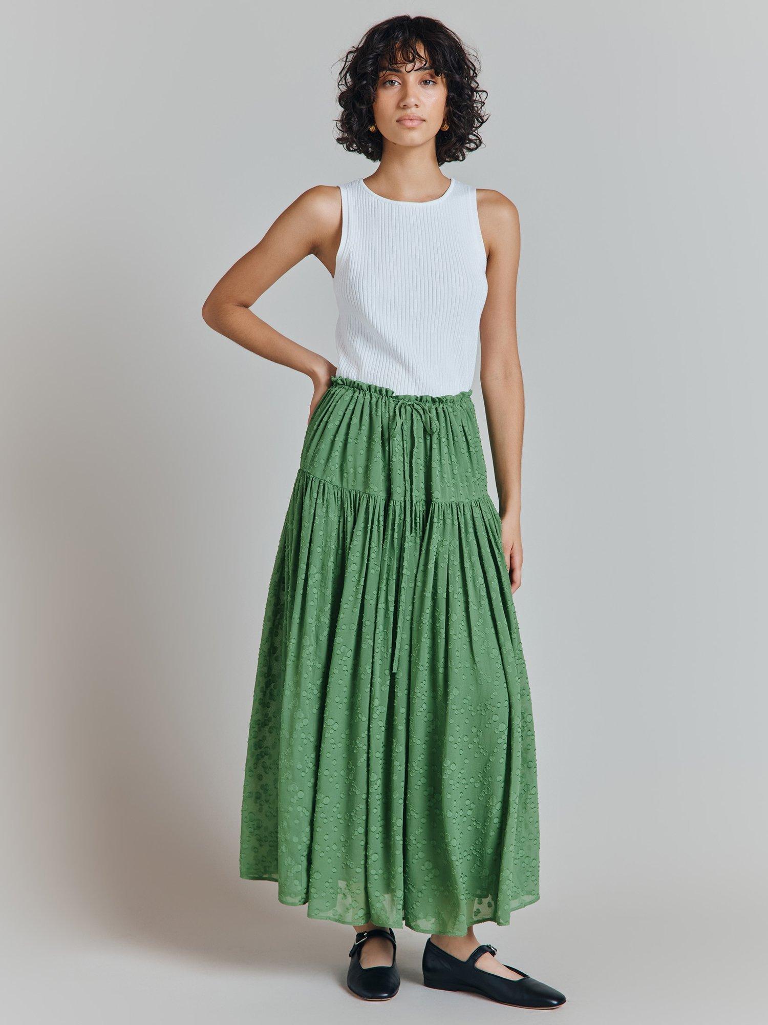 Product image 3 of 5, which shows Ghost Ruth Tiered Maxi Skirt, Green, L