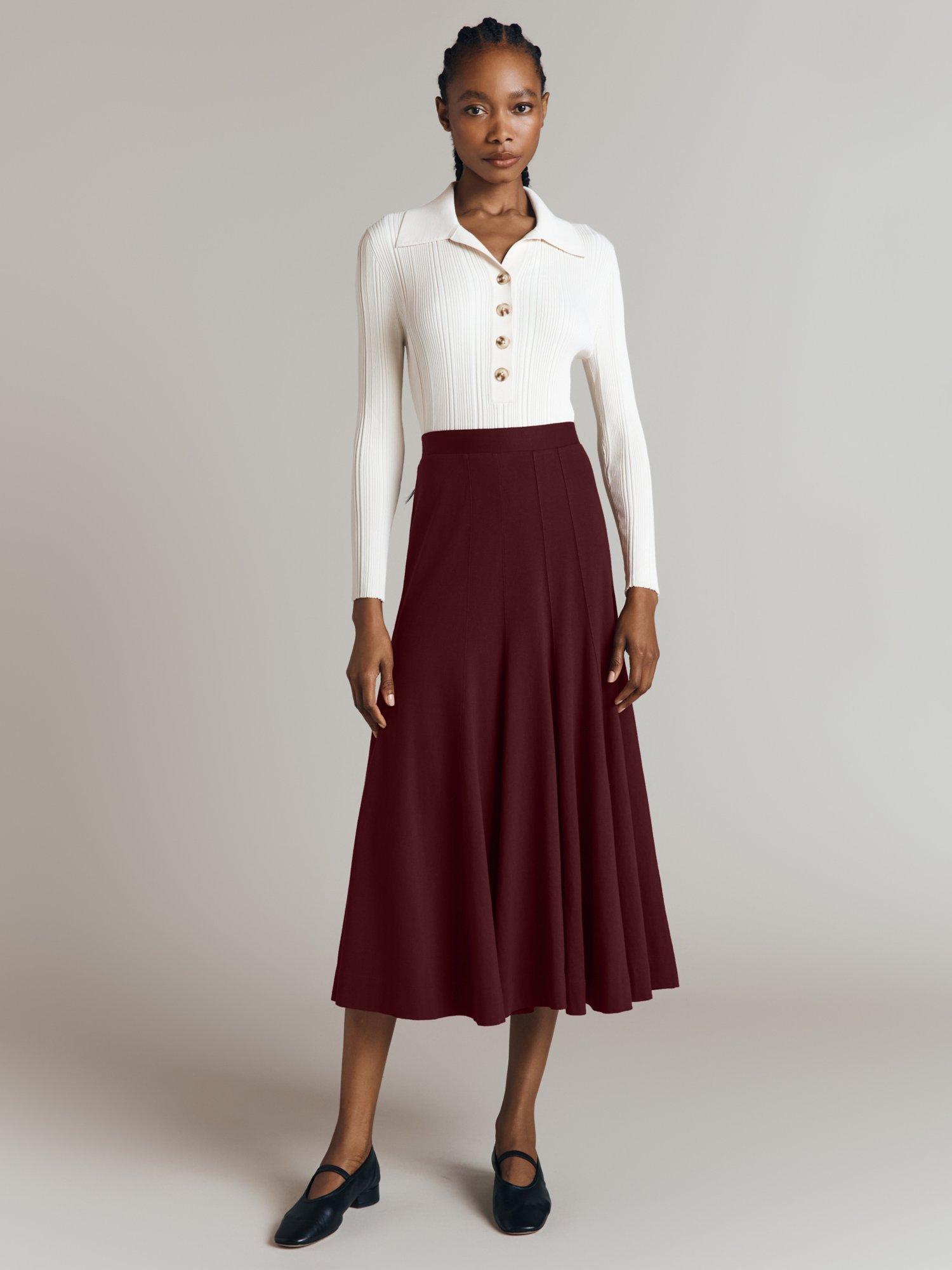 Product image 3 of 5, which shows Ghost Sasha Jersey Midi Skirt, Burgundy, XS