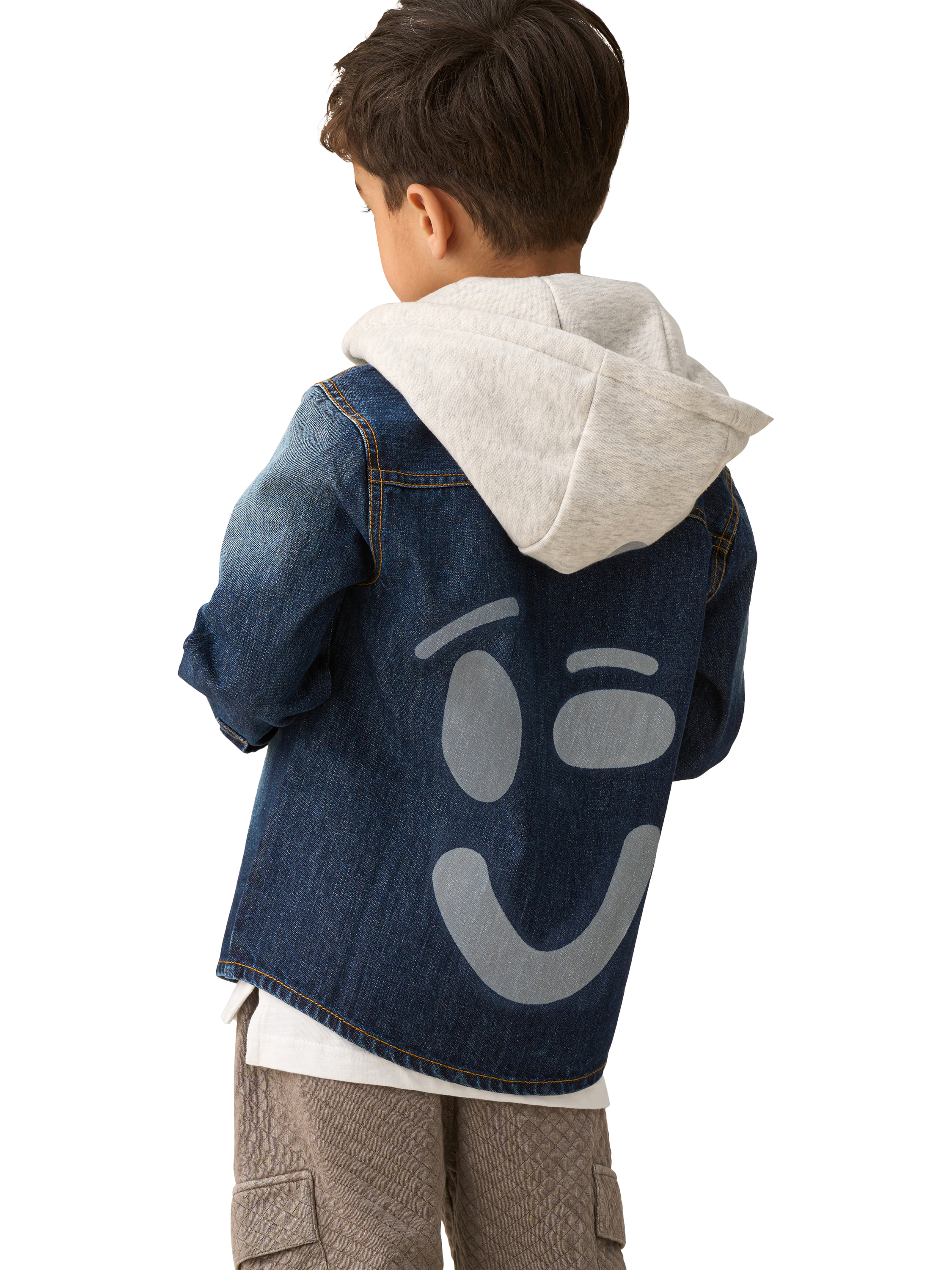 Product image 1 of 7, which shows Angel & Rocket Smile Denim Overshirt With Hood, Denim/White, 4 years