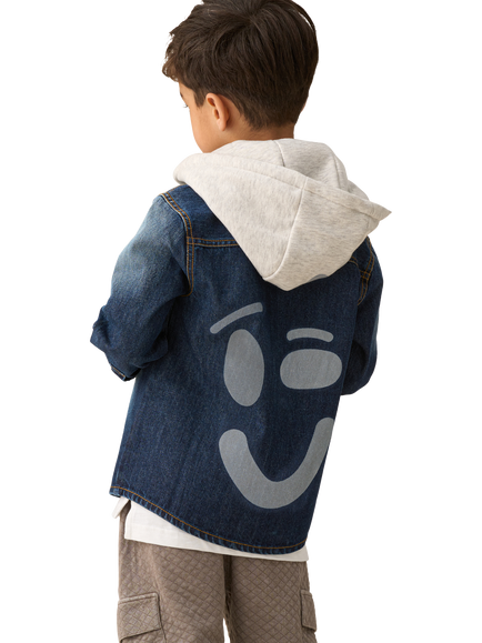 Angel & Rocket Smile Denim Overshirt With Hood, Denim/White, Denim/White