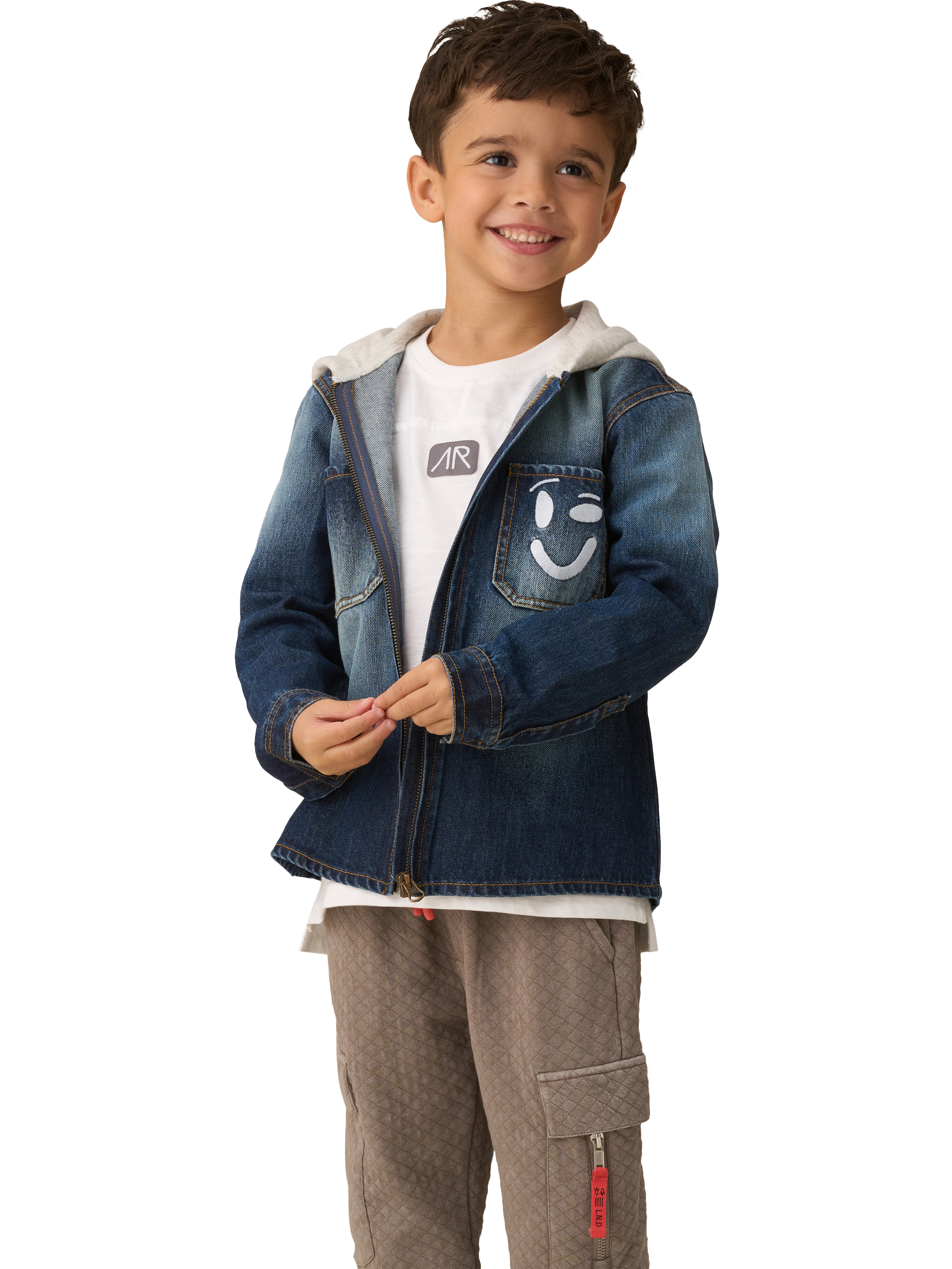 Product image 2 of 7, which shows Angel & Rocket Smile Denim Overshirt With Hood, Denim/White, 4 years