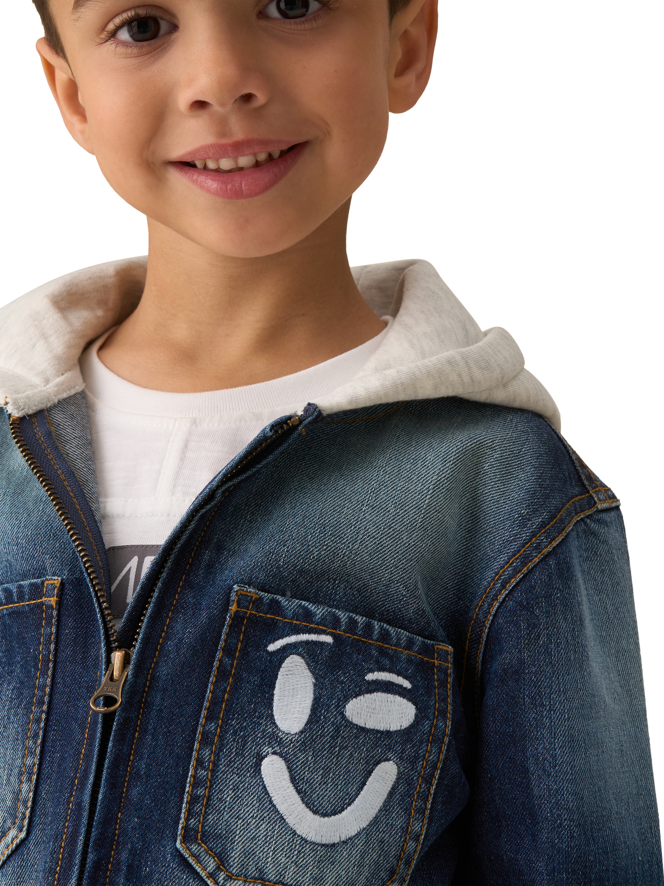 Product image 3 of 7, which shows Angel & Rocket Smile Denim Overshirt With Hood, Denim/White, 4 years