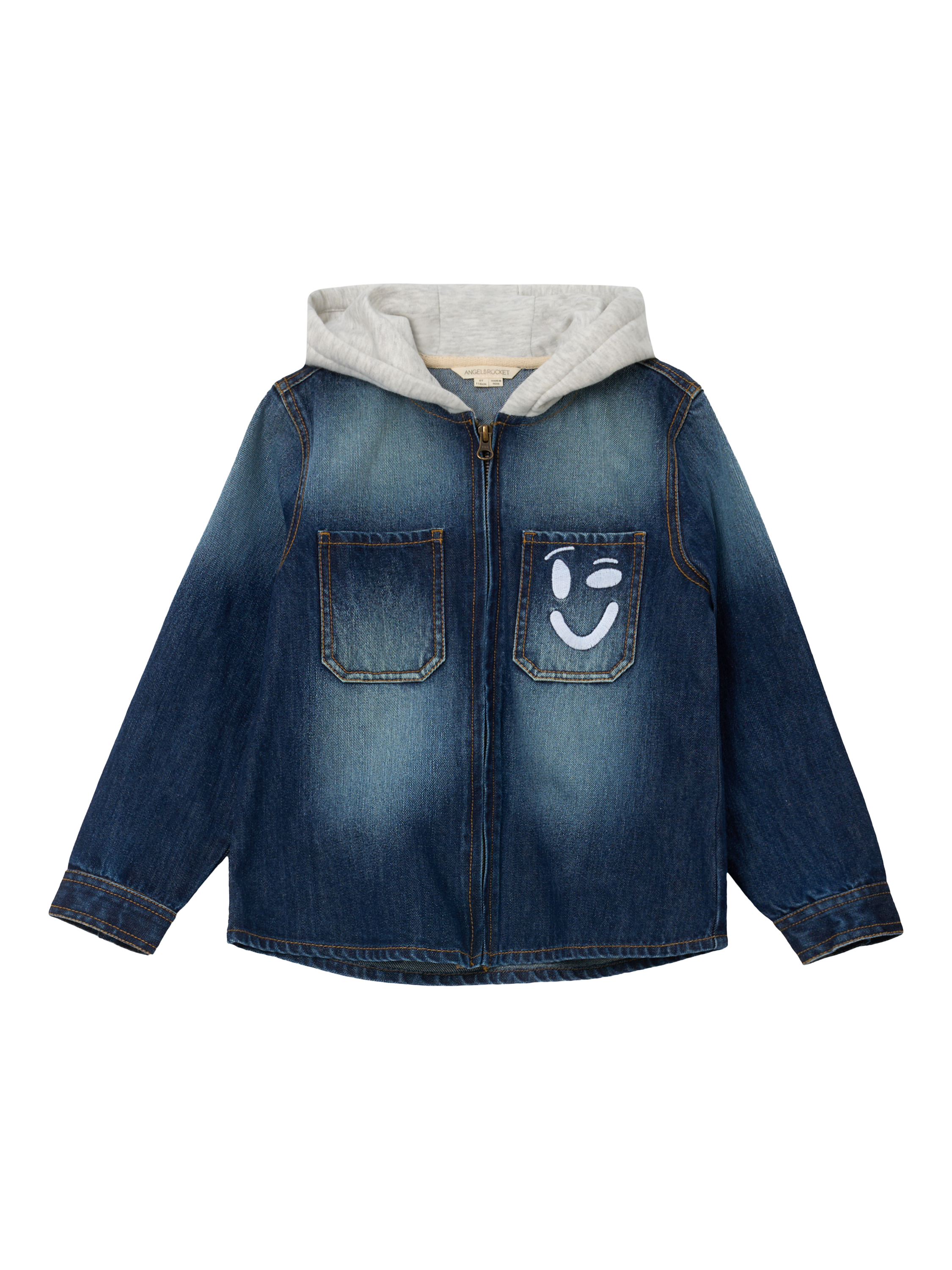 Product image 5 of 7, which shows Angel & Rocket Smile Denim Overshirt With Hood, Denim/White, 4 years