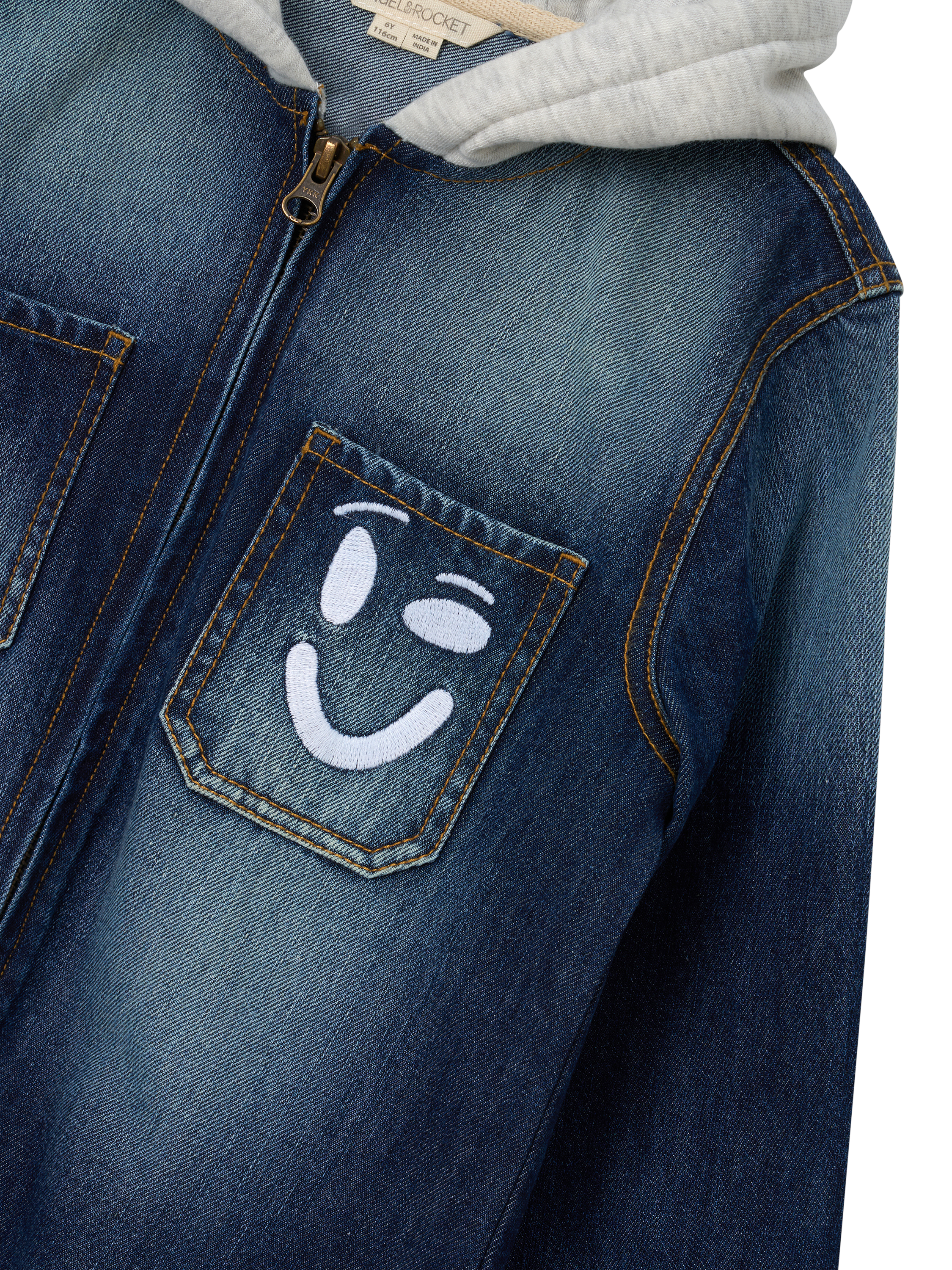 Product image 7 of 7, which shows Angel & Rocket Smile Denim Overshirt With Hood, Denim/White, 4 years