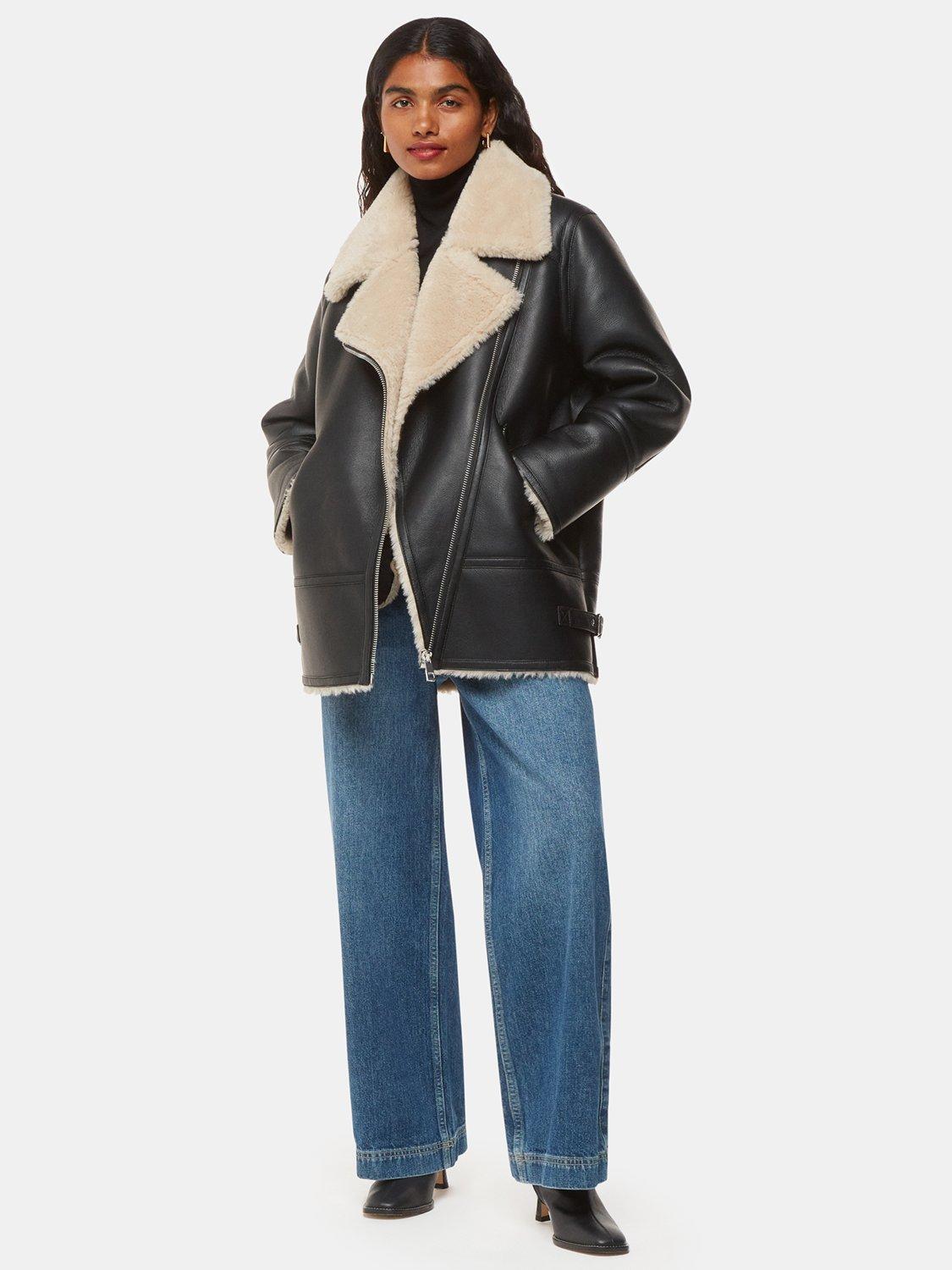 Product image 1 of 5, which shows Whistles Petite Faux Fur Aviator Jacket, Black, XS