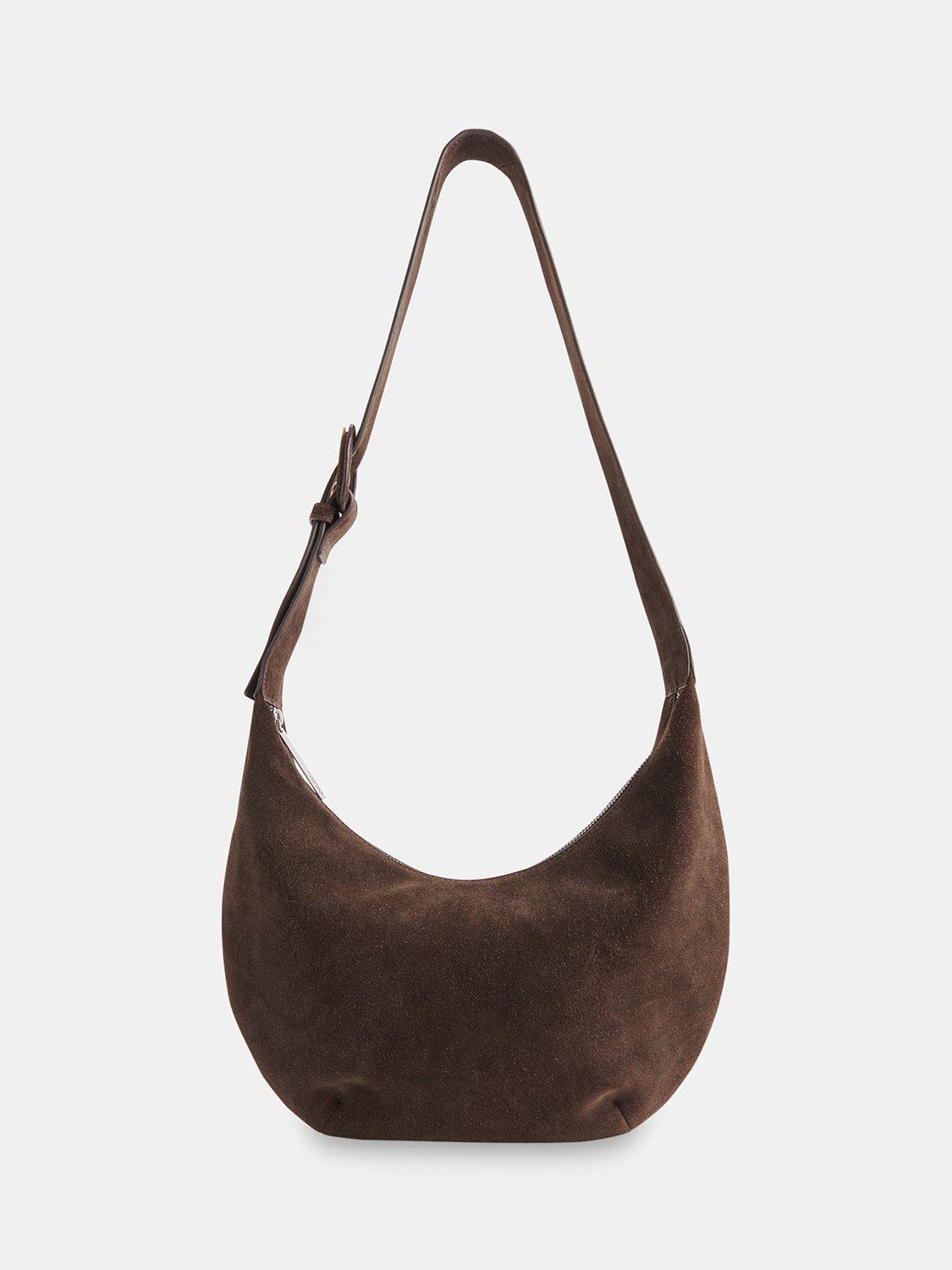 Product image 1 of 5, which shows Whistles Sia Curved Crossbody Suede Bag, Chocolate