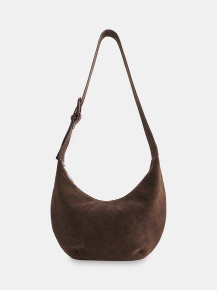 Whistles Sia Curved Crossbody Suede Bag, Chocolate, Chocolate