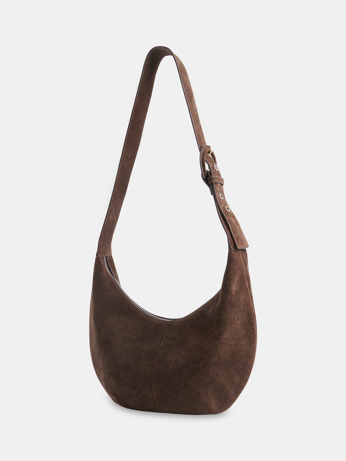 Product image 2 of 5, which shows Whistles Sia Curved Crossbody Suede Bag, Chocolate