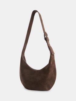 Whistles Sia Curved Crossbody Suede Bag, Chocolate - view 2, Chocolate