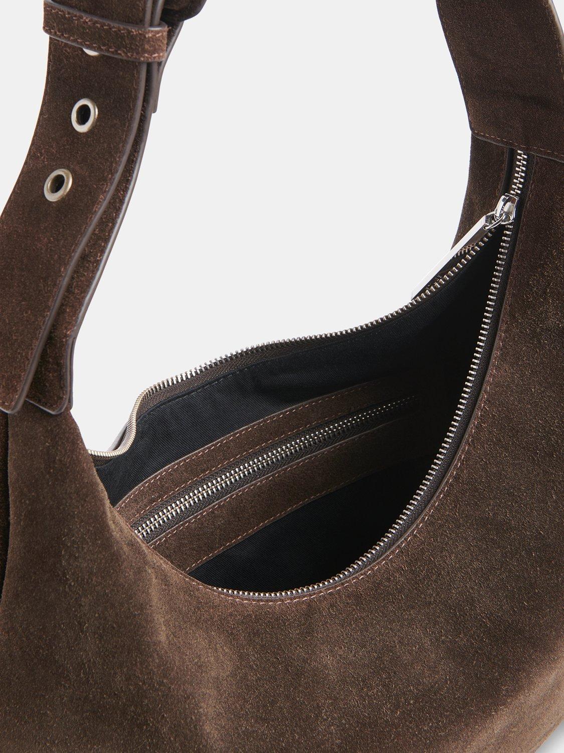Product image 3 of 5, which shows Whistles Sia Curved Crossbody Suede Bag, Chocolate