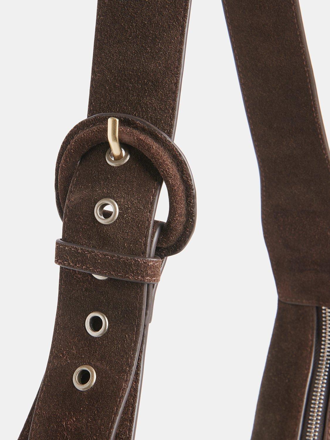 Product image 4 of 5, which shows Whistles Sia Curved Crossbody Suede Bag, Chocolate