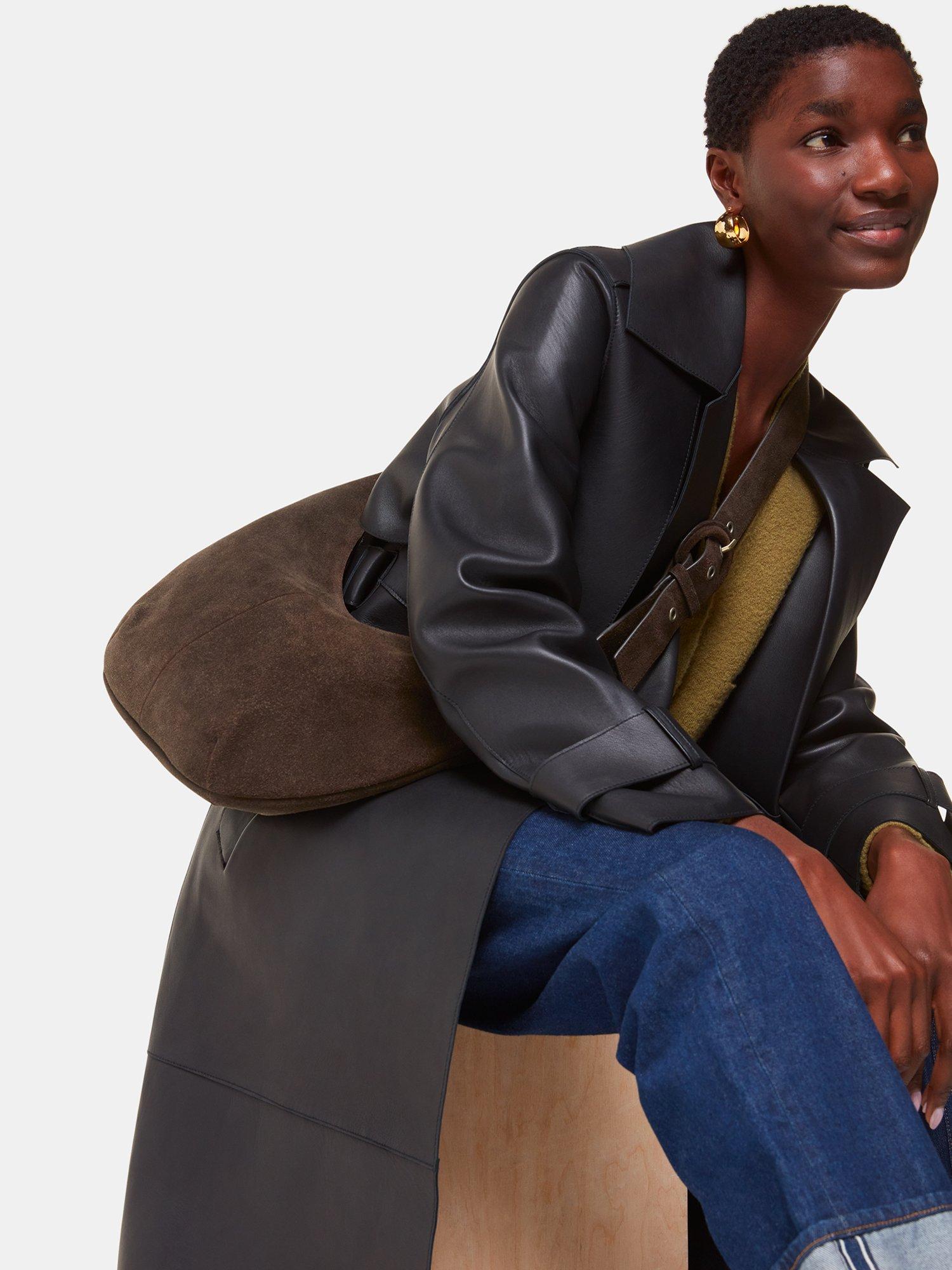 Product image 5 of 5, which shows Whistles Sia Curved Crossbody Suede Bag, Chocolate